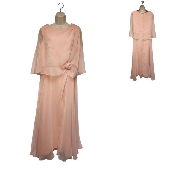 Vintage 70s Peach Formal Gown Maxi A-Line Chiffon Dress Size 14 - Picture 1 of 7